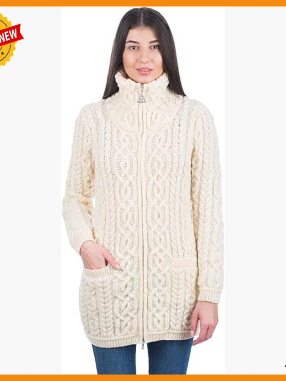 Merino Wool Zip Cardigan with Aran Stitching and Pockets